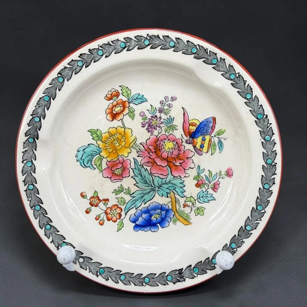 Copeland Late Spode Ashtray Floral Butterfly England Vintage 5 Inch Cream Red
